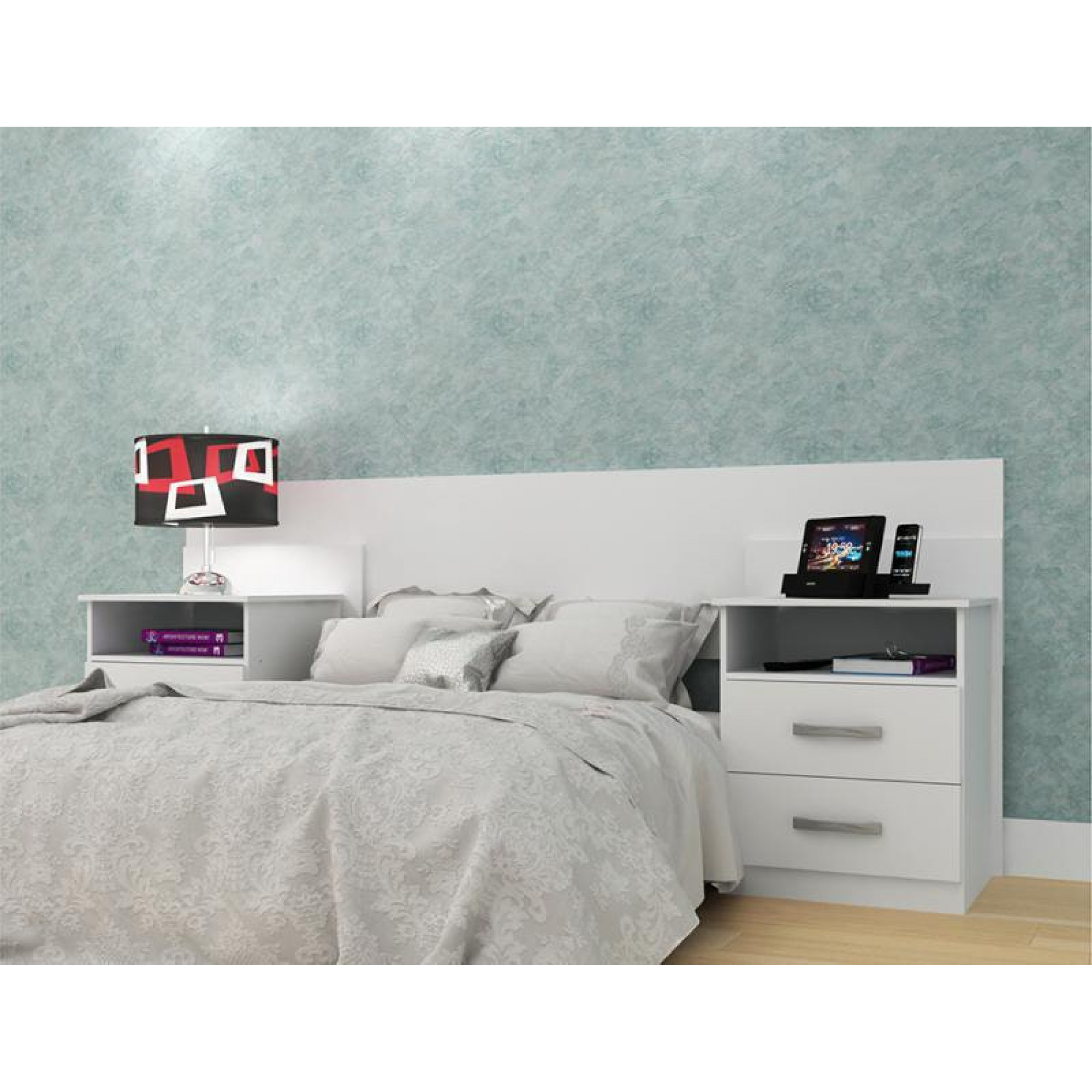 Cabeceira Extensível Elegance c Mesa de Cabeceira Casal Queen Branco