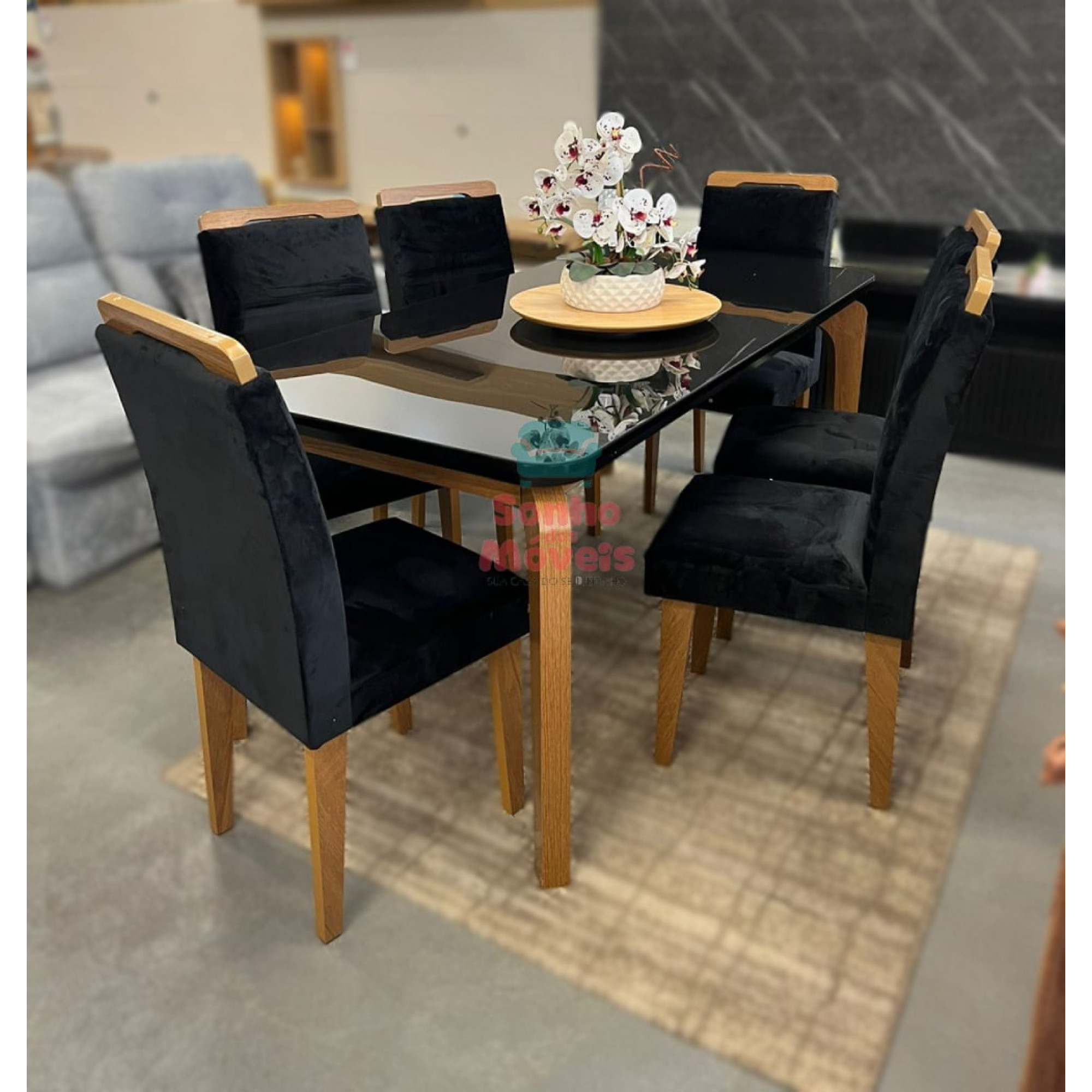 Mesa De Jantar Londrina 180cm Canto Copo C 6 Cadeiras Athenas Preto