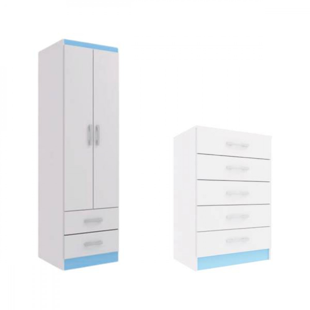 Kit – Guarda Roupa Solteiro 2 Portas Branco e Azul Evidencia Móveis + Cômoda com 5 gavetas Evidênce – Branco c/ Azul