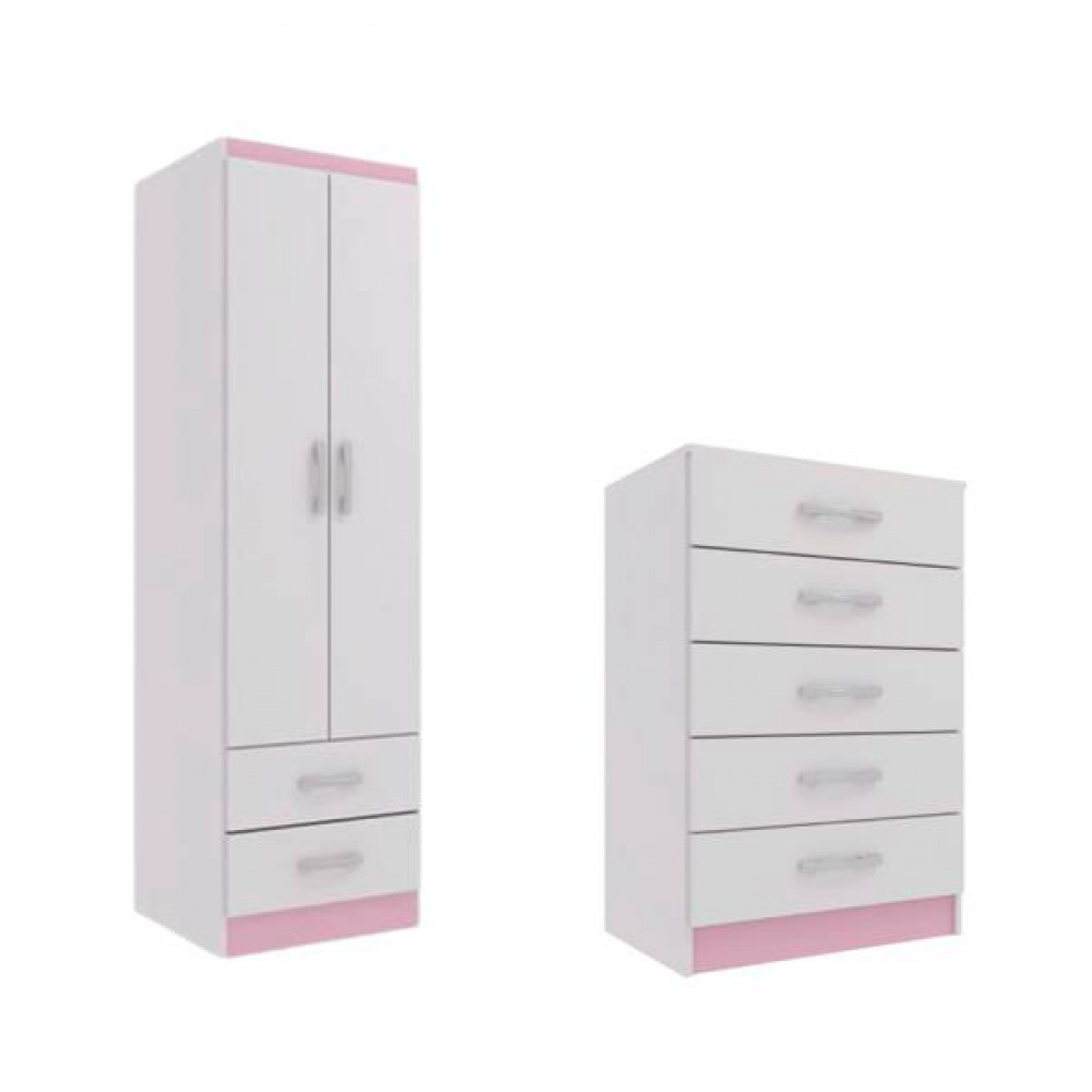 Kit – Guarda Roupa Solteiro 2 Portas Branco e Rosa Evidencia Móveis + Cômoda com 5 gavetas Evidênce – Branco c/ Rosa