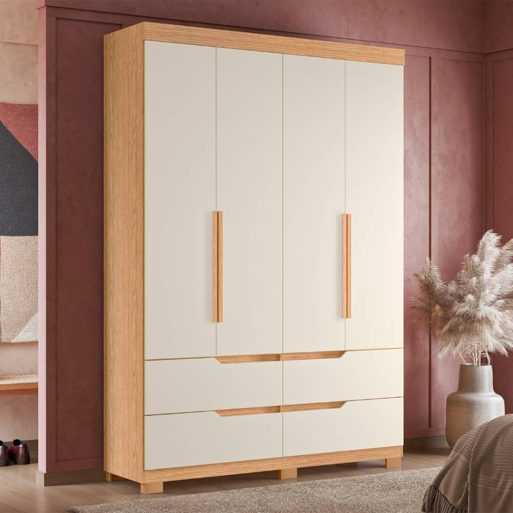 Guarda Roupa Solteiro Doble 4 Portas 4 Gavetas - Cinamomo/Off White