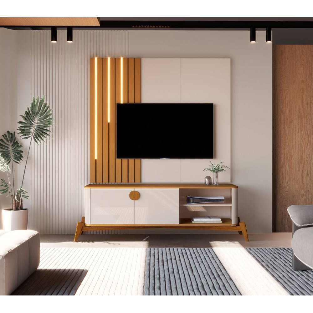 Rack Buriti 1.4 com Painel Boto 1.4 para TVs até 55″  c/ Led -Off White/Nature