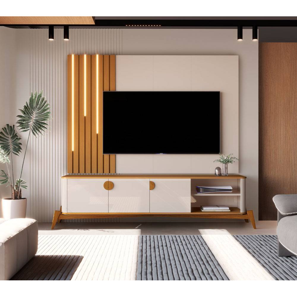 Rack Buriti 1.8 com Painel Boto 1.8 para TVs até 70 ″ - Off White/Nature