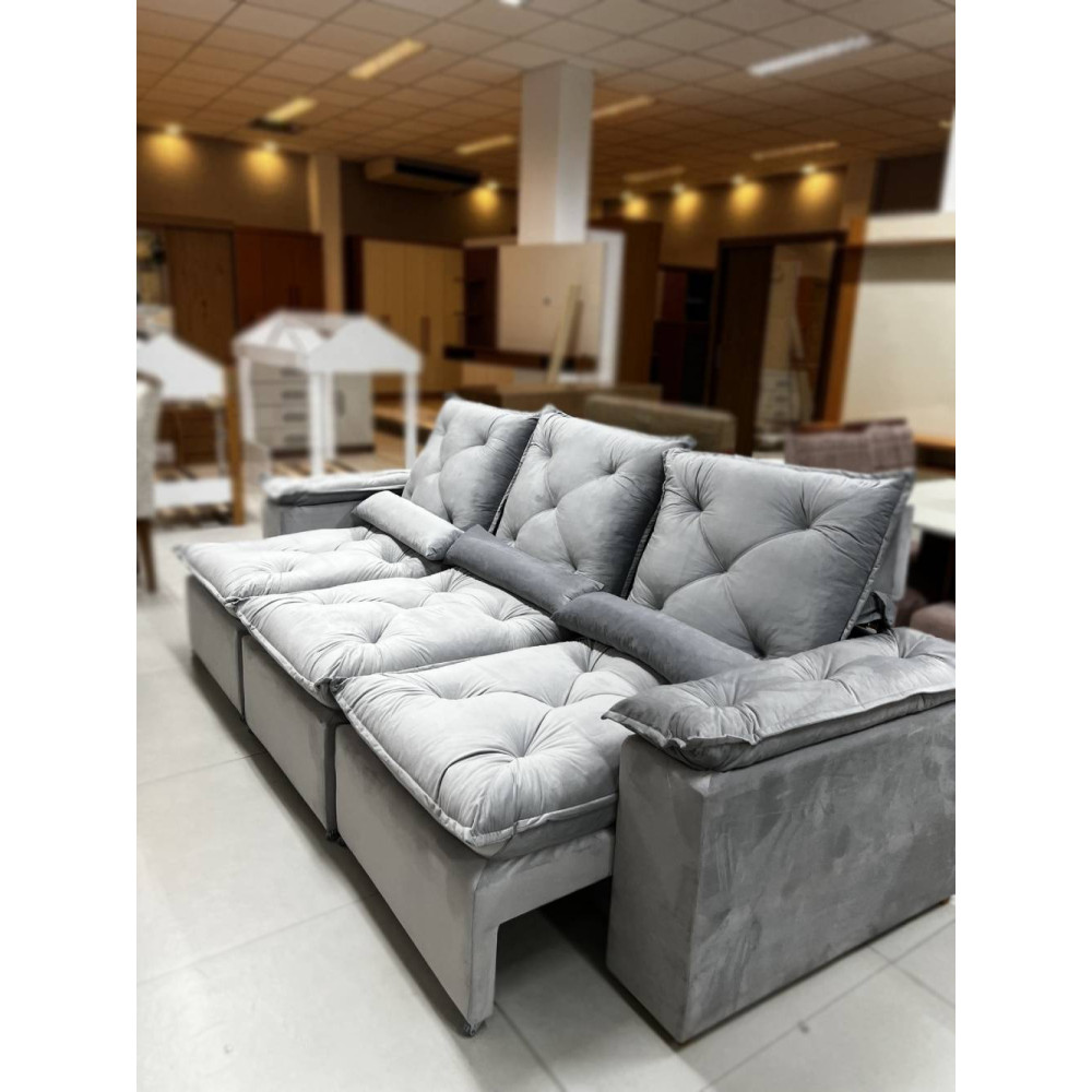 Sofá Retrátil Reclinável Grécia 2.70m - Veludo Cinza