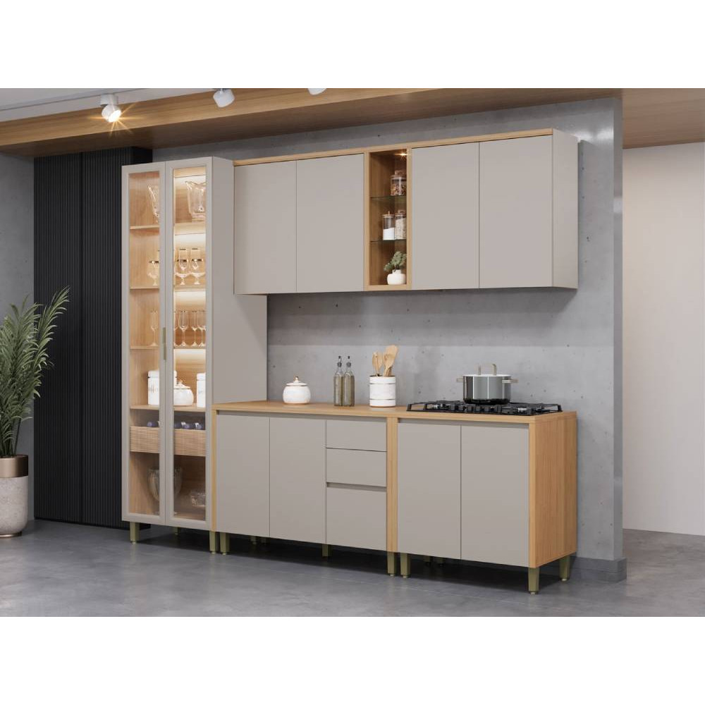 Cozinha Allure c/ 5 Peças c/Cristaleira e C/ Led - Jequitiba/Gris Fosco 