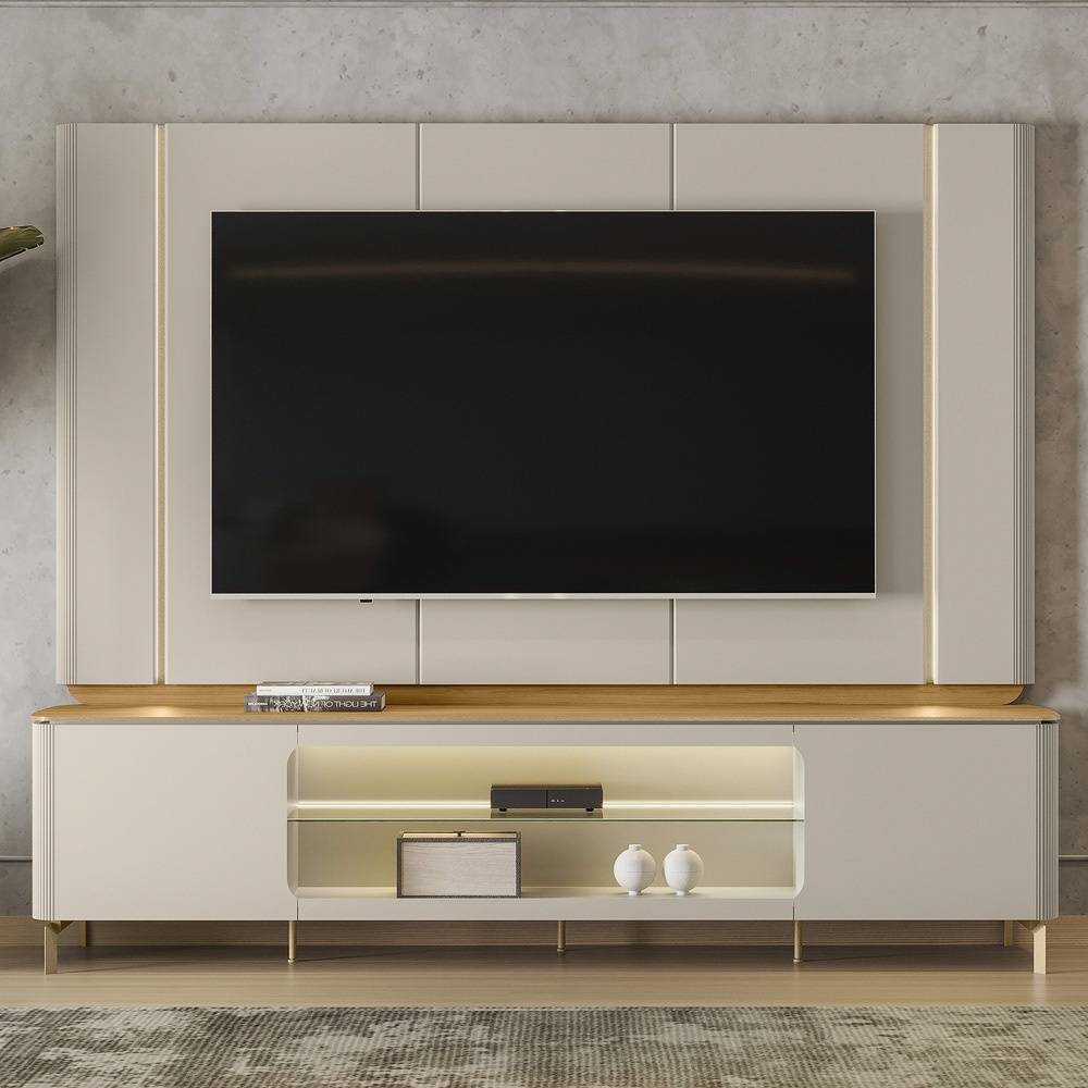 Rack Bancada Santorini c/ Painel Santorini c/ Led para Tvs até 75" - Tauari/Off White Fosco