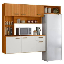 Kit Cozinha Compacta Suspensa Manu Com 6 portas 1 Gaveta- Freijó/Off White Acetinado Ripado Frisado