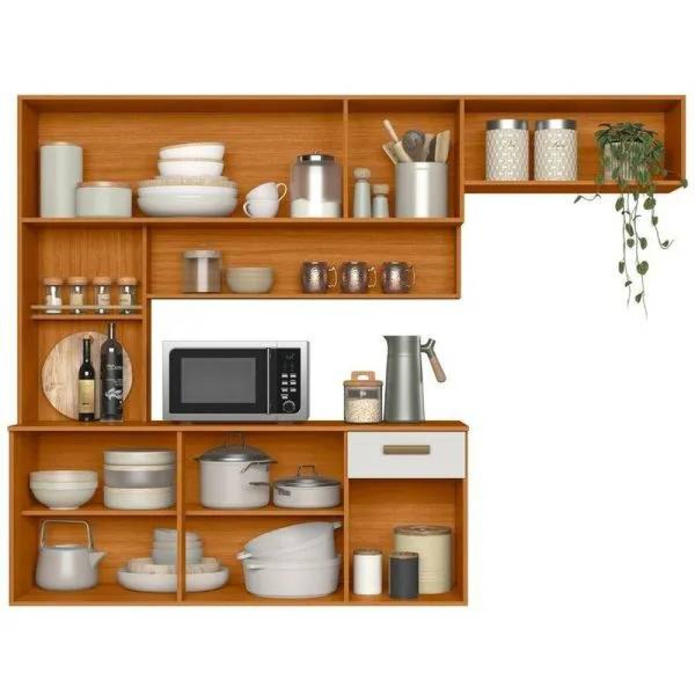 Kit Cozinha Compacta Suspensa Manu Com 6 portas 1 Gaveta- Freijó/Off White Acetinado Ripado Frisado
