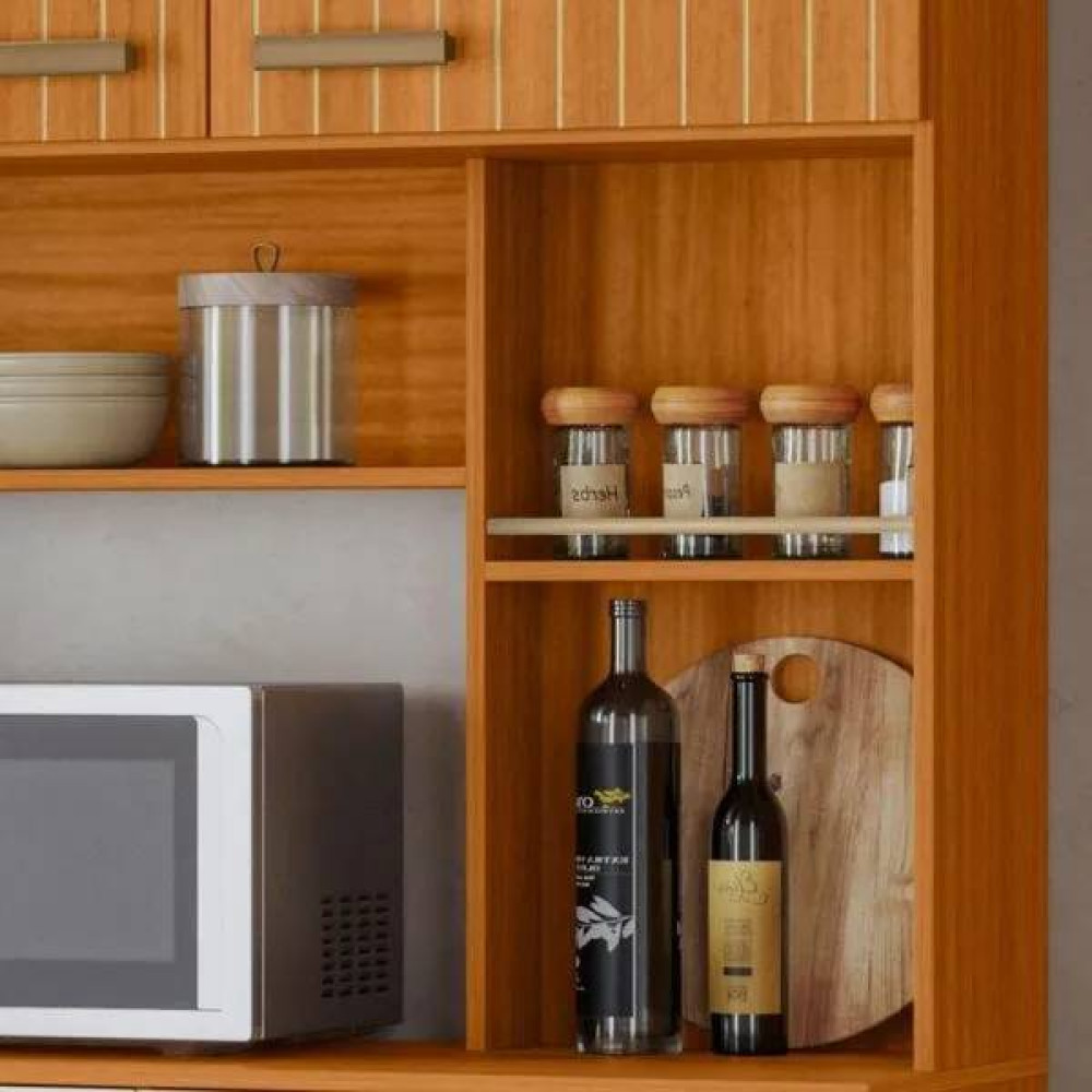 Kit Cozinha Compacta Suspensa Manu Com 6 portas 1 Gaveta- Freijó/Off White Acetinado Ripado Frisado