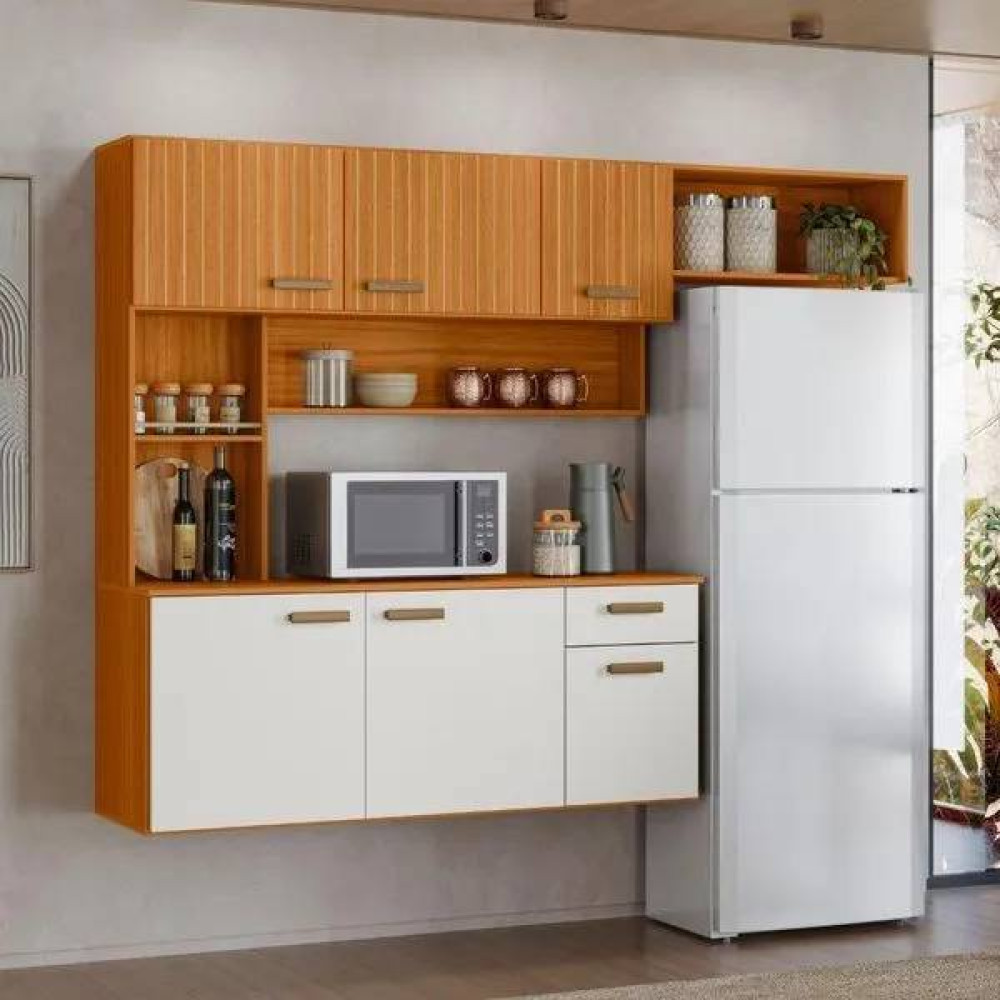 Kit Cozinha Compacta Suspensa Manu Com 6 portas 1 Gaveta- Freijó/Off White Acetinado Ripado Frisado