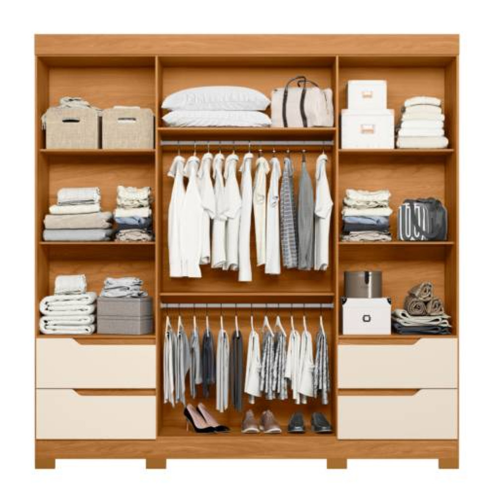 Guarda Roupa Casal Vivacce C/ Espelho 4 Portas 4 Gavetas + Cômoda Unno 6 Gavetas - Cinamomo/Off White
