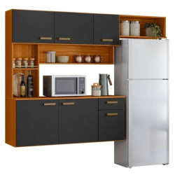 Kit Cozinha Compacta Suspensa Manu Com 6 portas 1 Gaveta- Freijo/Grafite Acetinado