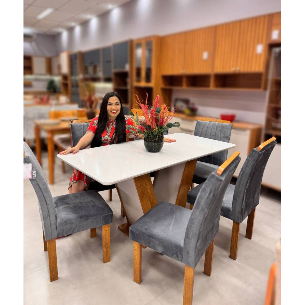 Mesa de Jantar Qatar 160x80 c/ 6 Cadeiras Dubai Veludo Cinza - Cinamomo / Off White