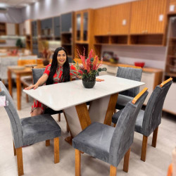 Mesa de Jantar Qatar 160x80 c/ 6 Cadeiras Dubai Veludo Cinza - Cinamomo / Off White Mesa de Jantar Qatar 160x80 c/ 6 Cadeiras Dubai Veludo Cinza - Cinamomo / Off White