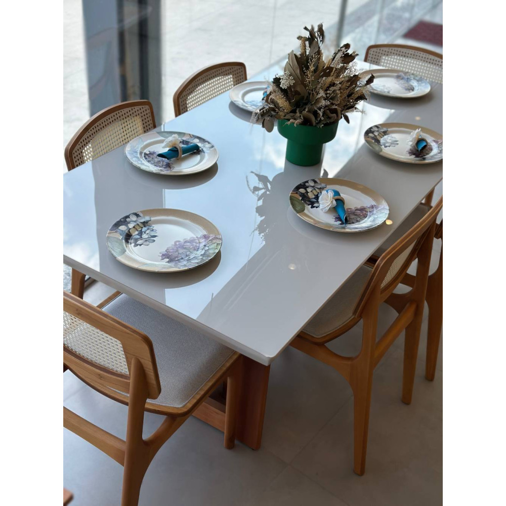 Mesa de Jantar Tália 180 cm Tampo vidro Off White com 6 cadeiras Turquia Premium tela madeira - Linho Bege