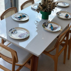 Mesa de Jantar Tália 180 cm Tampo vidro Off White com 6 cadeiras Turquia Premium tela madeira - Linho Bege