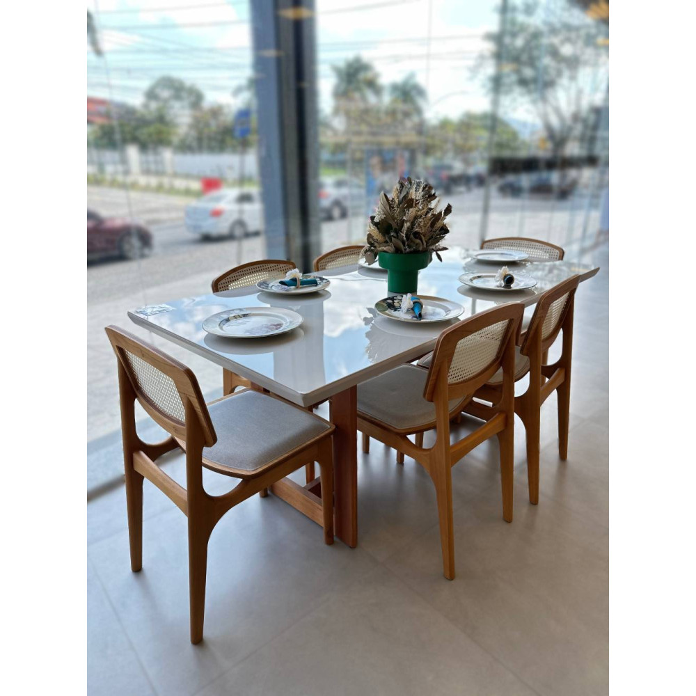 Mesa de Jantar Tália 180 cm Tampo vidro Off White com 6 cadeiras Turquia Premium tela madeira - Linho Bege