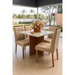 Mesa de Jantar Helo 120x90 c/ 4 Cadeira Julia- Veludo Bege - Freijo/Off White
