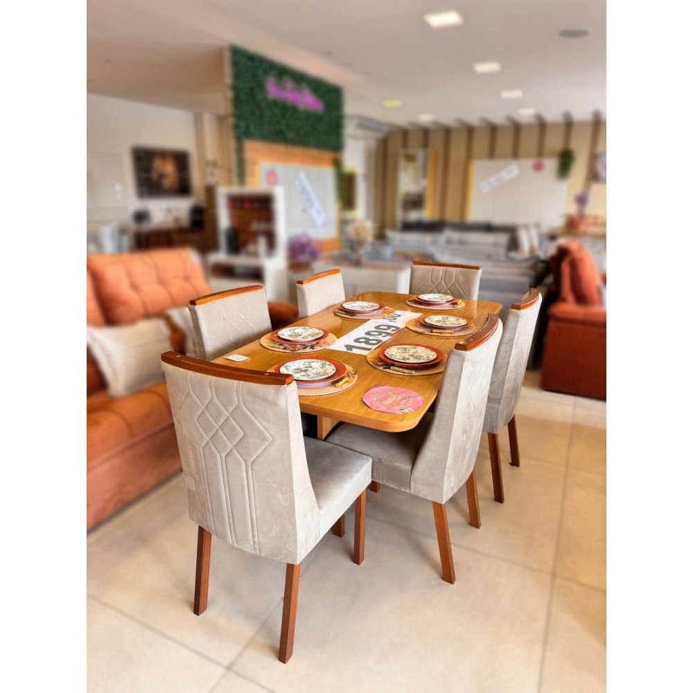 Mesa de Jantar Nevada 180x90cm Tampo Laminado com 6 cadeiras Nevada - Veludo Capuccino