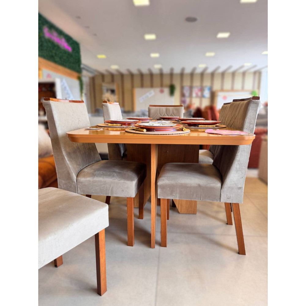 Mesa de Jantar Nevada 180x90cm Tampo Laminado com 6 cadeiras Nevada - Veludo Capuccino
