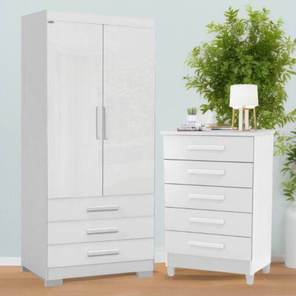 Guarda Roupa Floripa Solteiro 2 Portas 3 Gavetas Rud Rack + Cômoda Paola com 5 Gavetas - Branco