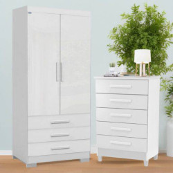 Guarda Roupa Floripa Solteiro 2 Portas 3 Gavetas Rud Rack + Cômoda Paola com 5 Gavetas - Branco