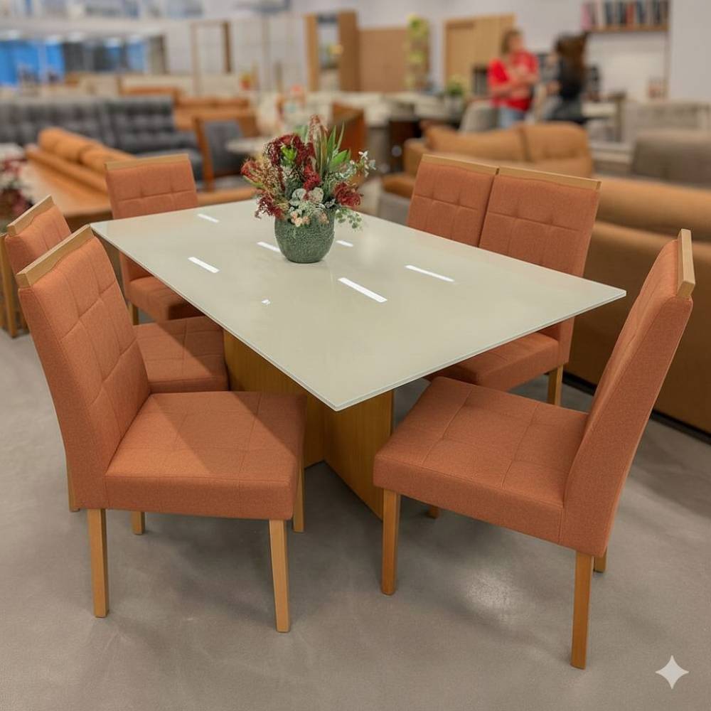 Mesa de Jantar Helo 160x90 c/ 6 Cadeira Julia - Veludo Terracota - Freijo/Off White