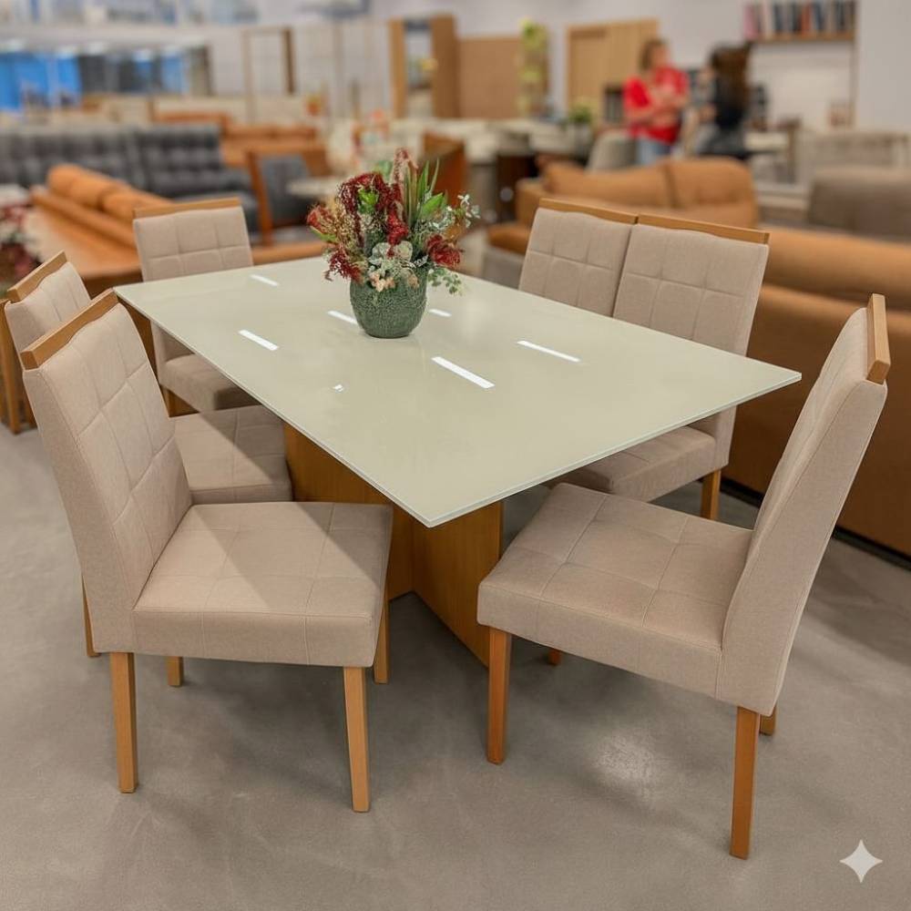 Mesa de Jantar Helo 160x90 c/ 6 Cadeira Julia - Linho Bege - Freijo/Off White