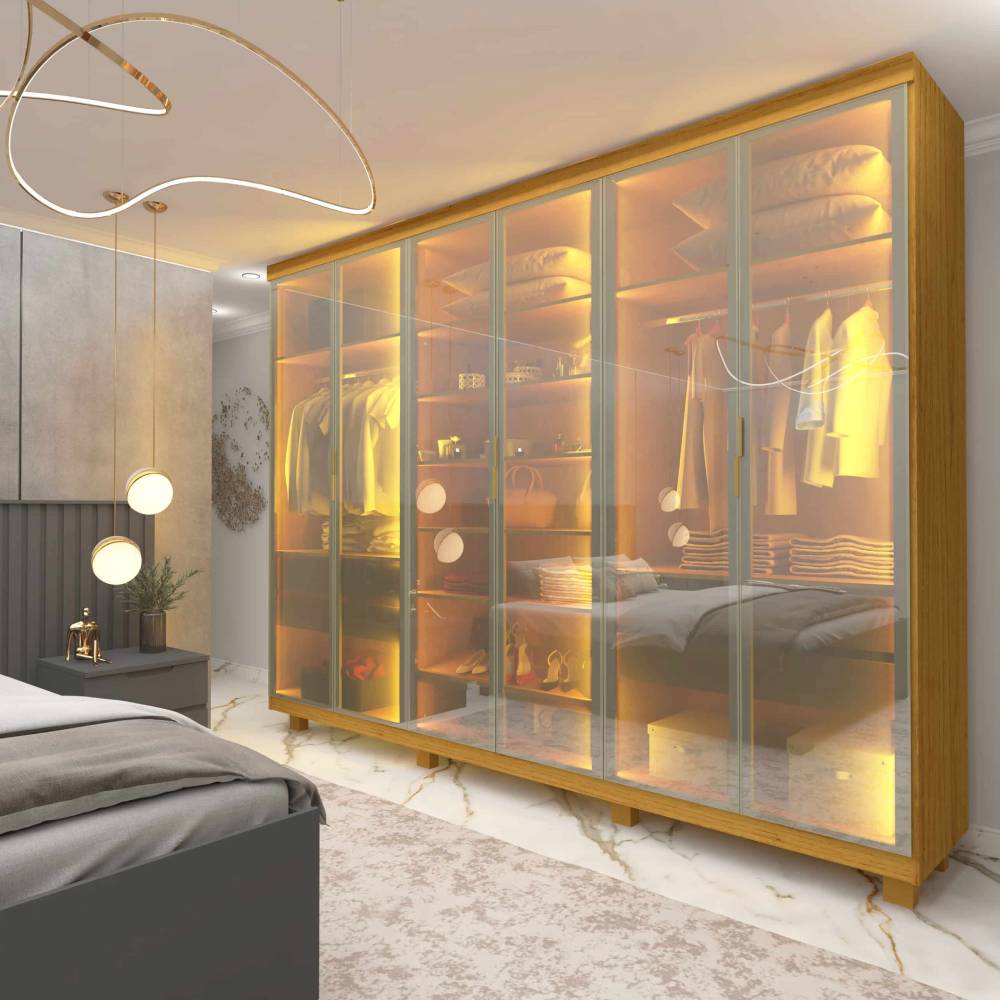 Guarda Roupa Casal com 6 Portas Reflecta com Pés com Led Imperatriz - Naturale