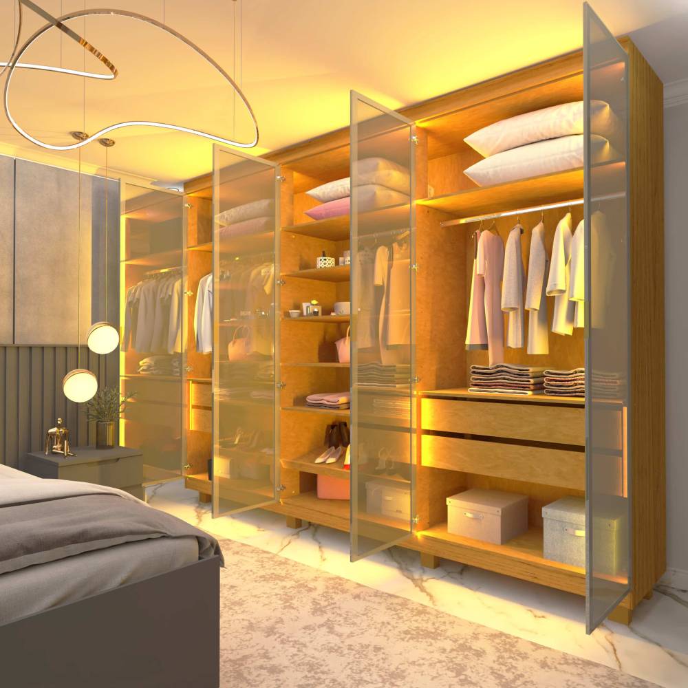 Guarda Roupa Casal com 6 Portas Reflecta com Pés com Led Imperatriz - Naturale