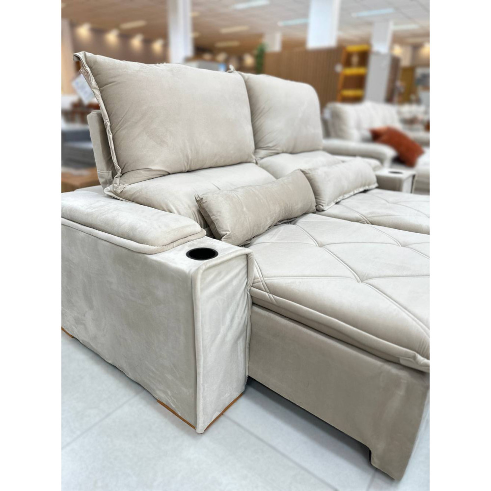 Sofá Gucci Retrátil e Reclinável C/ Porta Copo 2,10m - Bege