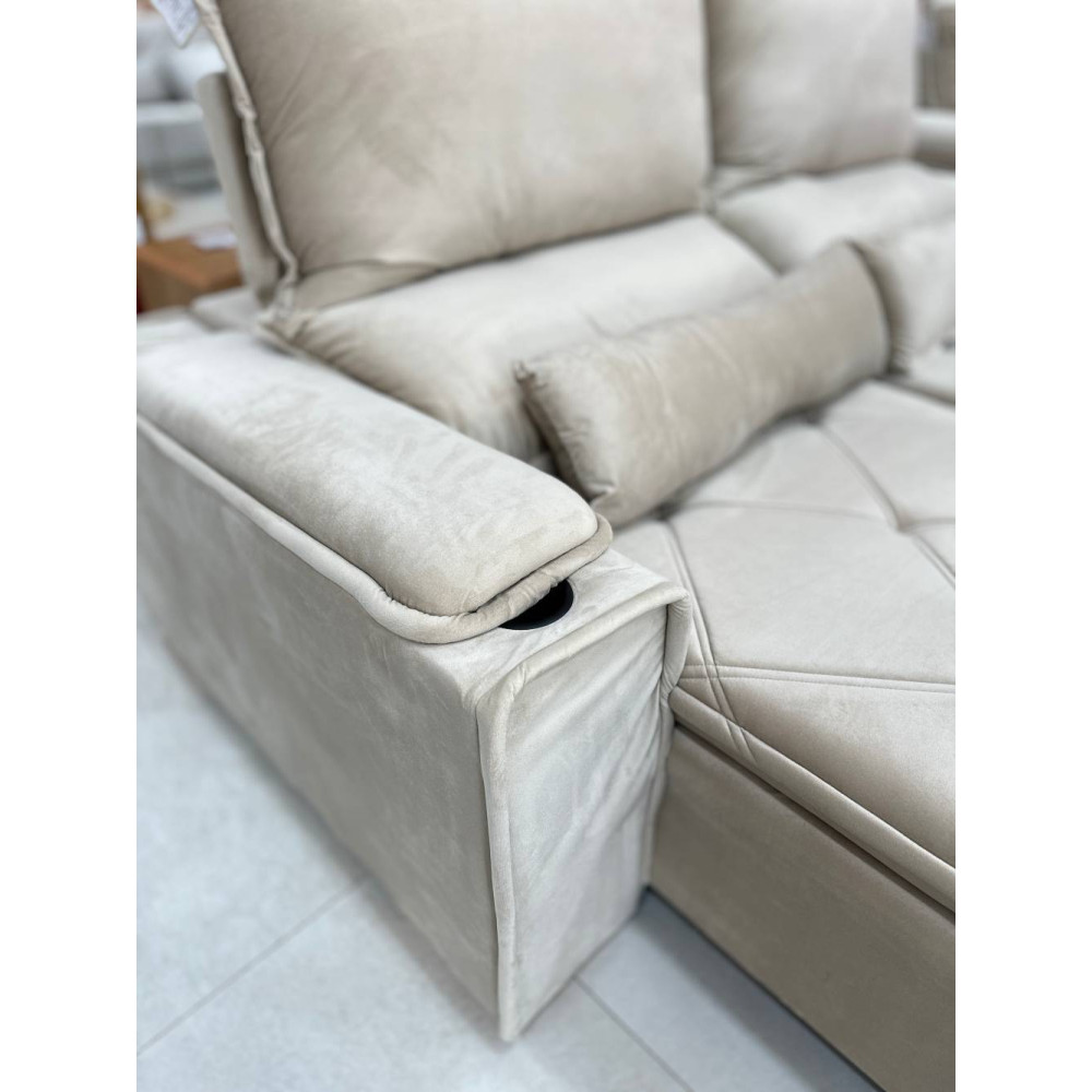 Sofá Gucci Retrátil e Reclinável C/ Porta Copo 2,10m - Bege
