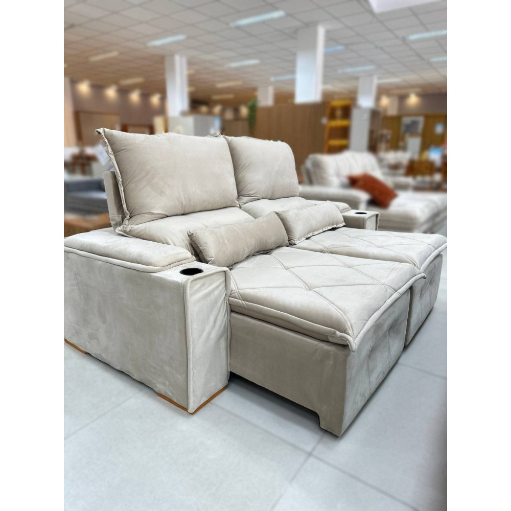 Sofá Gucci Retrátil e Reclinável C/ Porta Copo 2,10m - Bege