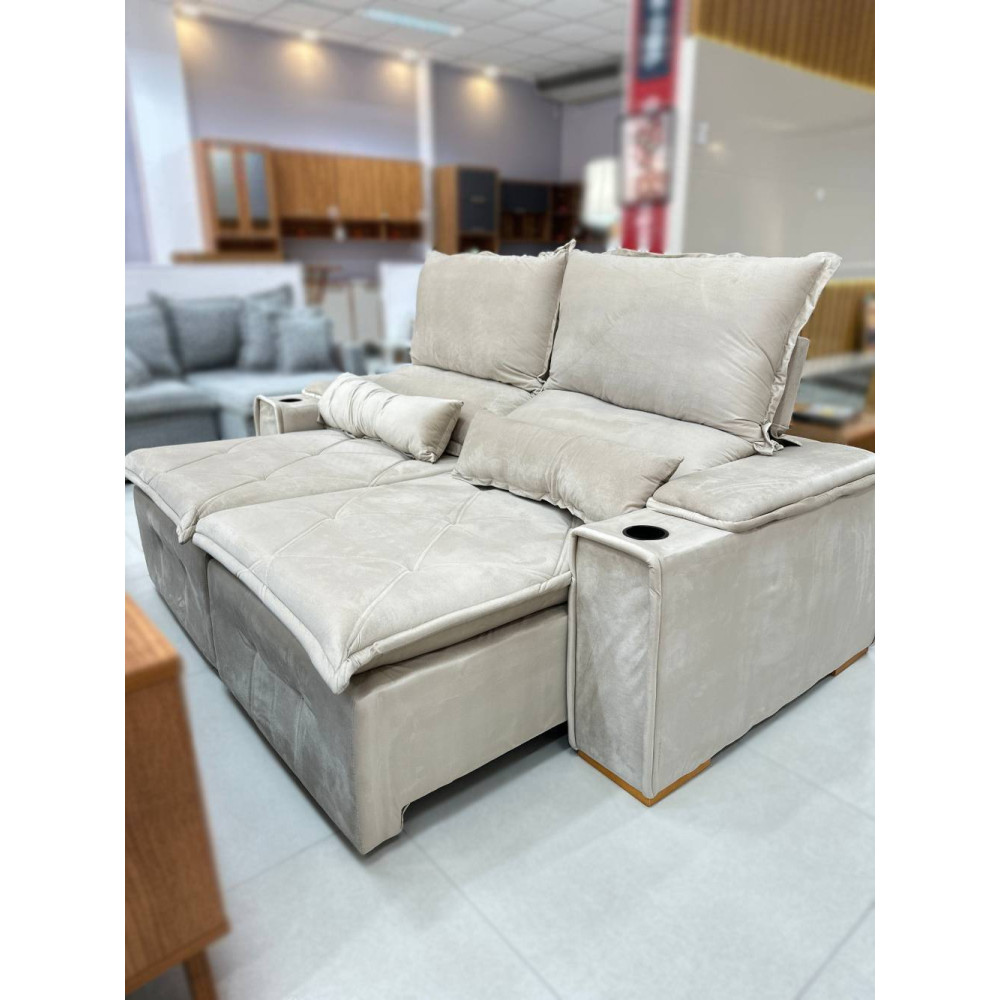 Sofá Gucci Retrátil e Reclinável C/ Porta Copo 2,10m - Bege