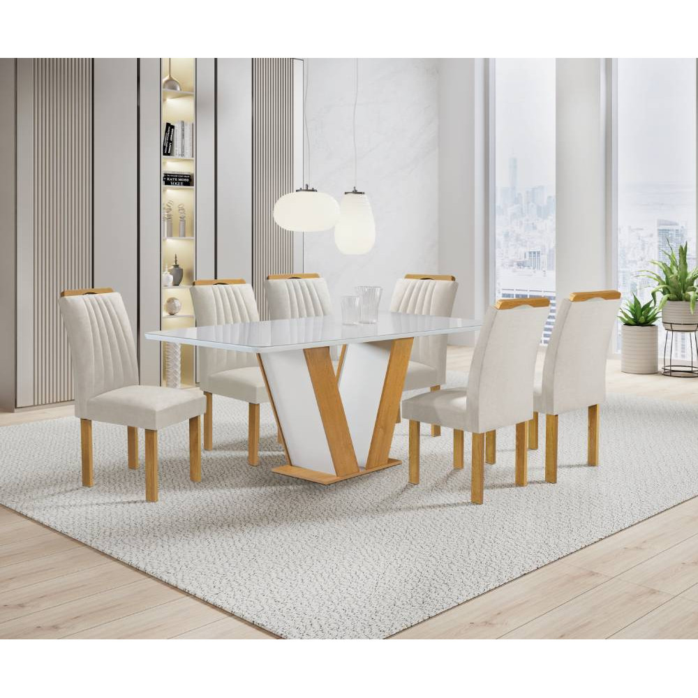 Mesa de Jantar Qatar 160x80 c/ 6 Cadeiras Dubai Bege - Cinamomo / Off White