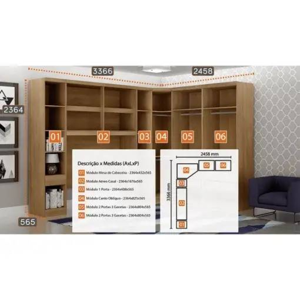 Guarda Roupa Modulado Rizon 005 Casal 6 Peças Novo Horizonte - Cinamomo/Off White