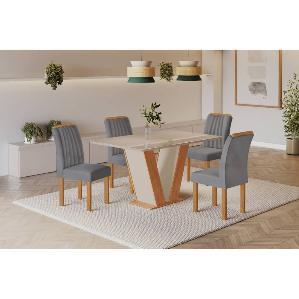 Mesa de Jantar Qatar 120x80 c/ 4 Cadeiras Dubai Veludo Cinza - Cinamomo / Off White