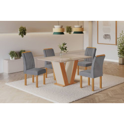 Mesa de Jantar Qatar 120x80 c/ 4 Cadeiras Dubai Veludo Cinza - Cinamomo / Off White