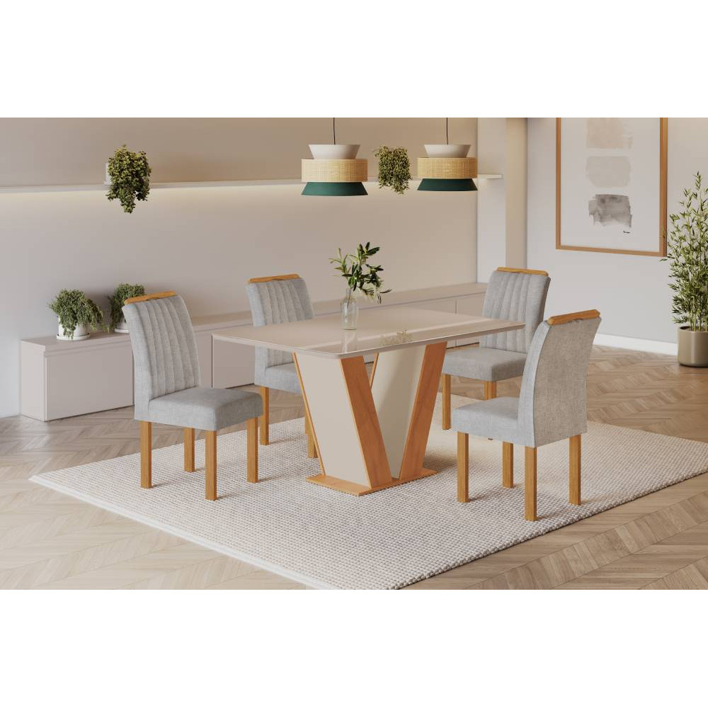 Mesa de Jantar Qatar 120x80 c/ 4 Cadeiras Dubai Linho Cinza - Cinamomo / Off White