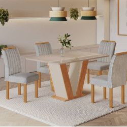 Mesa de Jantar Qatar 120x80 c/ 4 Cadeiras Dubai Linho Prata- Cinamomo / Off White Mesa de Jantar Qatar 120x80 c/ 4 Cadeiras Dubai Linho Prata- Cinamomo / Off White