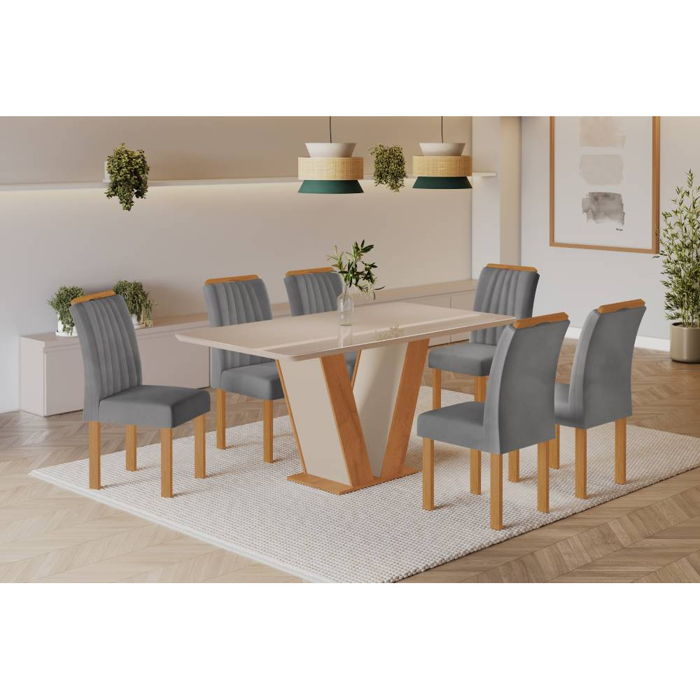 Mesa de Jantar Qatar 160x80 c/ 6 Cadeiras Dubai Veludo Cinza - Cinamomo / Off White