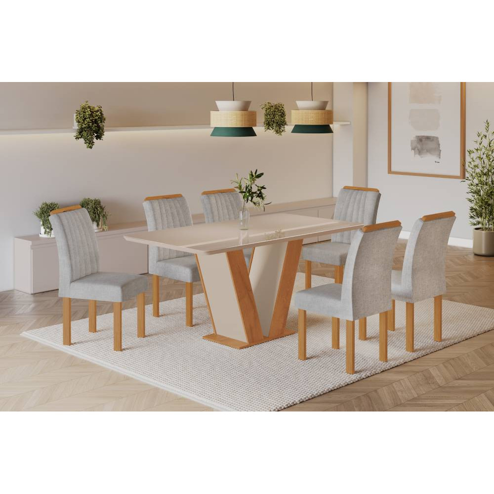 Mesa de Jantar Qatar 160x80 c/ 6 Cadeiras Dubai Linho Cinza - Cinamomo / Off White