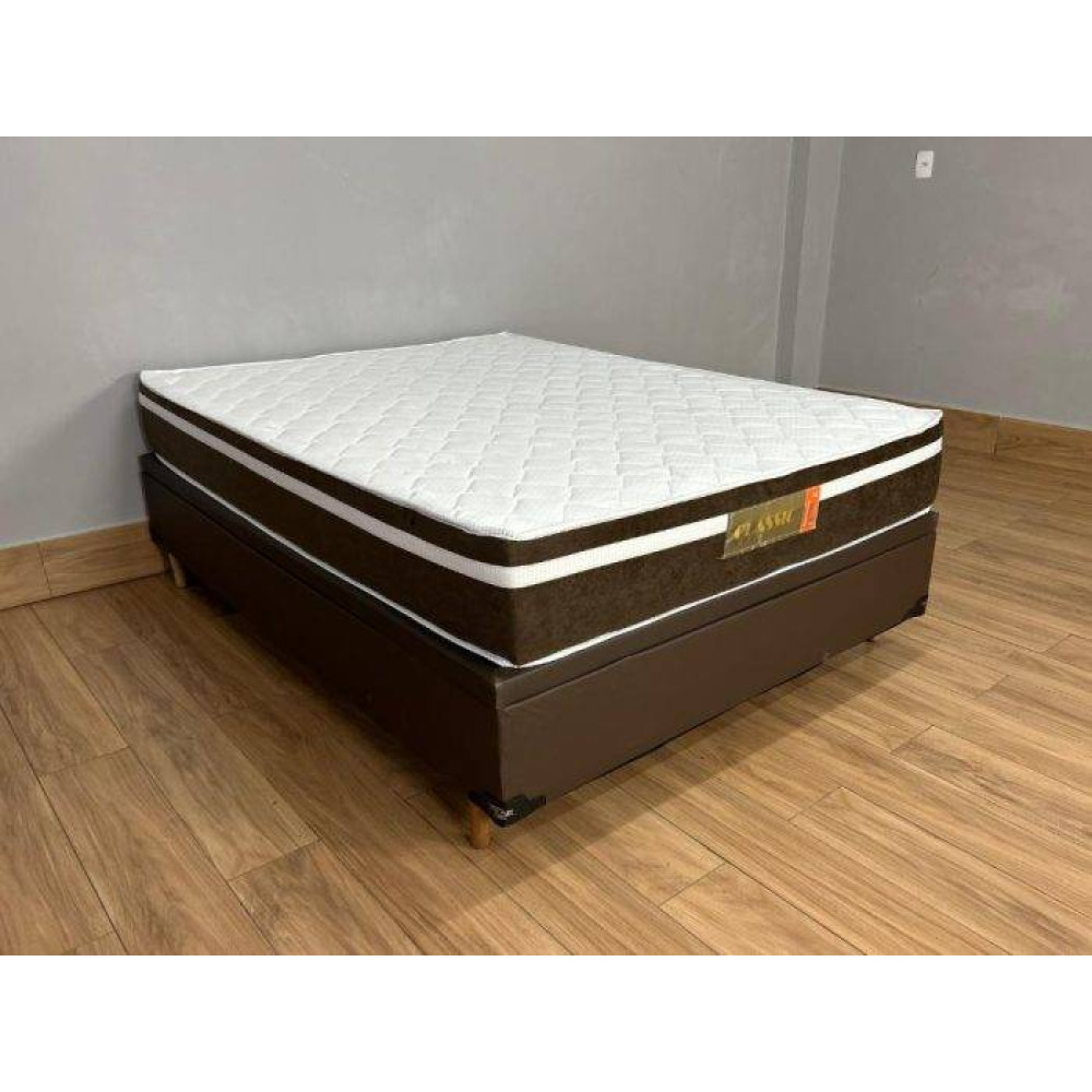 Base Baú Carioca Casal Courino - Marrom + Colchão Classic Casal com Molas Ensacadas 22x188x138cm
