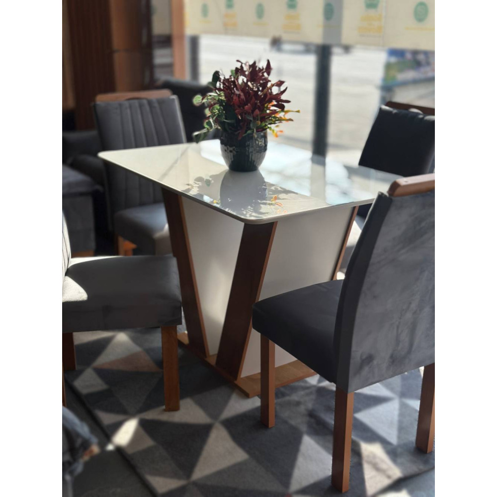 Mesa de Jantar Qatar 120x80 c/ 4 Cadeiras Dubai Veludo Cinza - Cinamomo / Off White