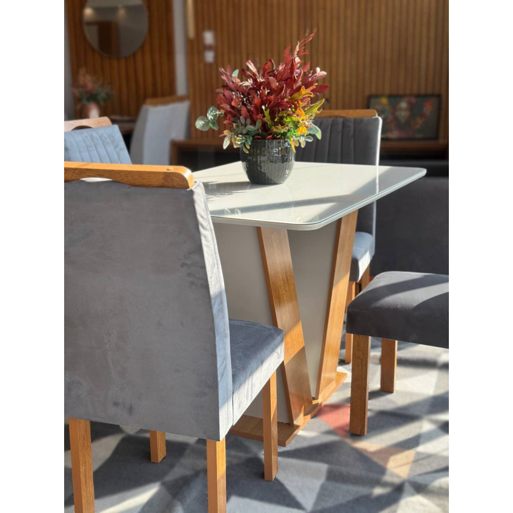 Mesa de Jantar Qatar 120x80 c/ 4 Cadeiras Dubai Veludo Cinza - Cinamomo / Off White