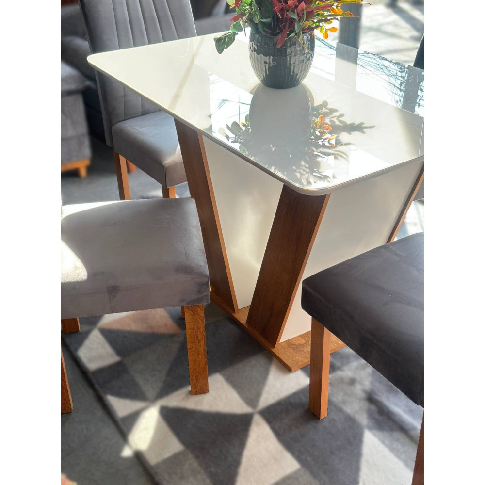 Mesa de Jantar Qatar 120x80 c/ 4 Cadeiras Dubai Veludo Cinza - Cinamomo / Off White