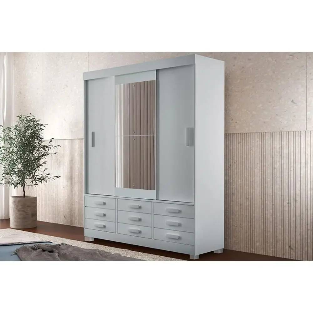Guarda Roupa Detroit c/ Espelho 3 Portas 9 Gavetas - Branco 