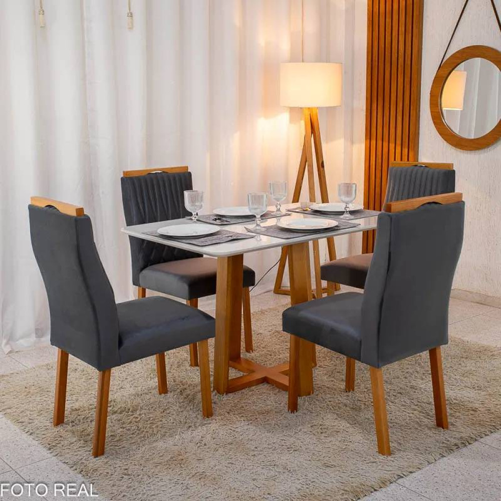 Mesa de Jantar Pedro 120x80 c/ 4 Cadeiras Genova Cinza - Mel / Off White