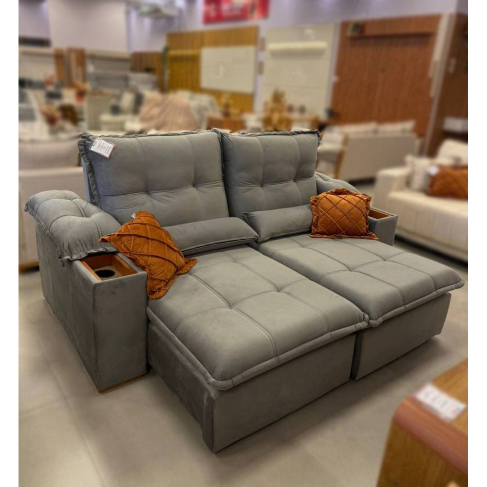 Sofá Lacoste Retrátil e Reclinável C/ Porta Copo 2,10m - Veludo Cinza