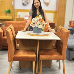 Mesa de Jantar Helo 90x90 c/ 4 Cadeira Julia - Veludo Terracota - Freijo/Off White Mesa de Jantar Helo 90x90 c/ 4 Cadeira Julia - Veludo Terracota - Freijo/Off White